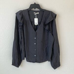 MARINE LAYER RORY LONG SLEEVE RUFFLE BLOUSE CHARCOAL | L